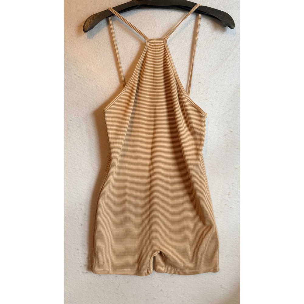 Zara Women Tan White Striped Ribbed Halter Romper‎ Size L NWT